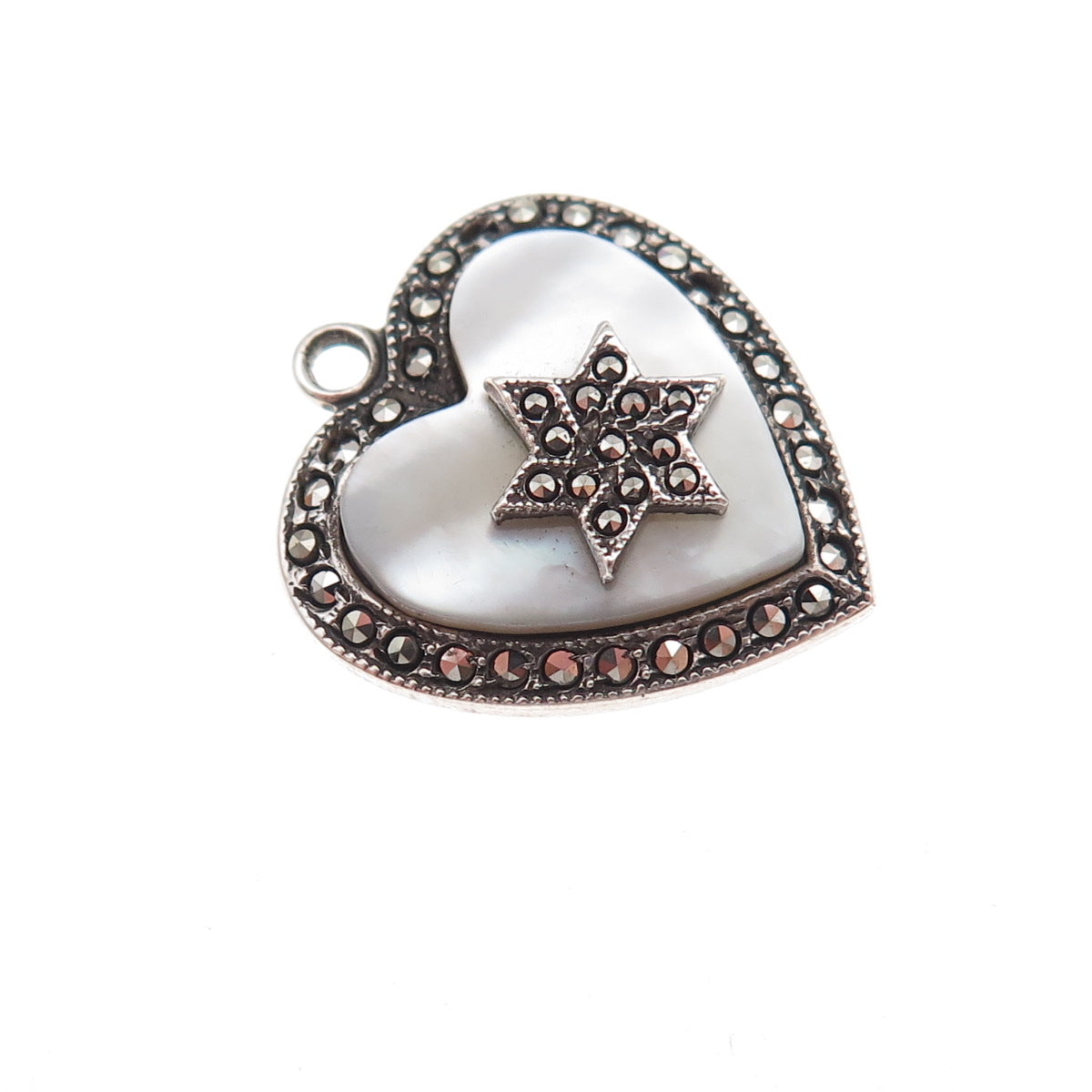 925 Sterling Antique Art Deco Real MOP & Marcasite Star of David Heart Pendant