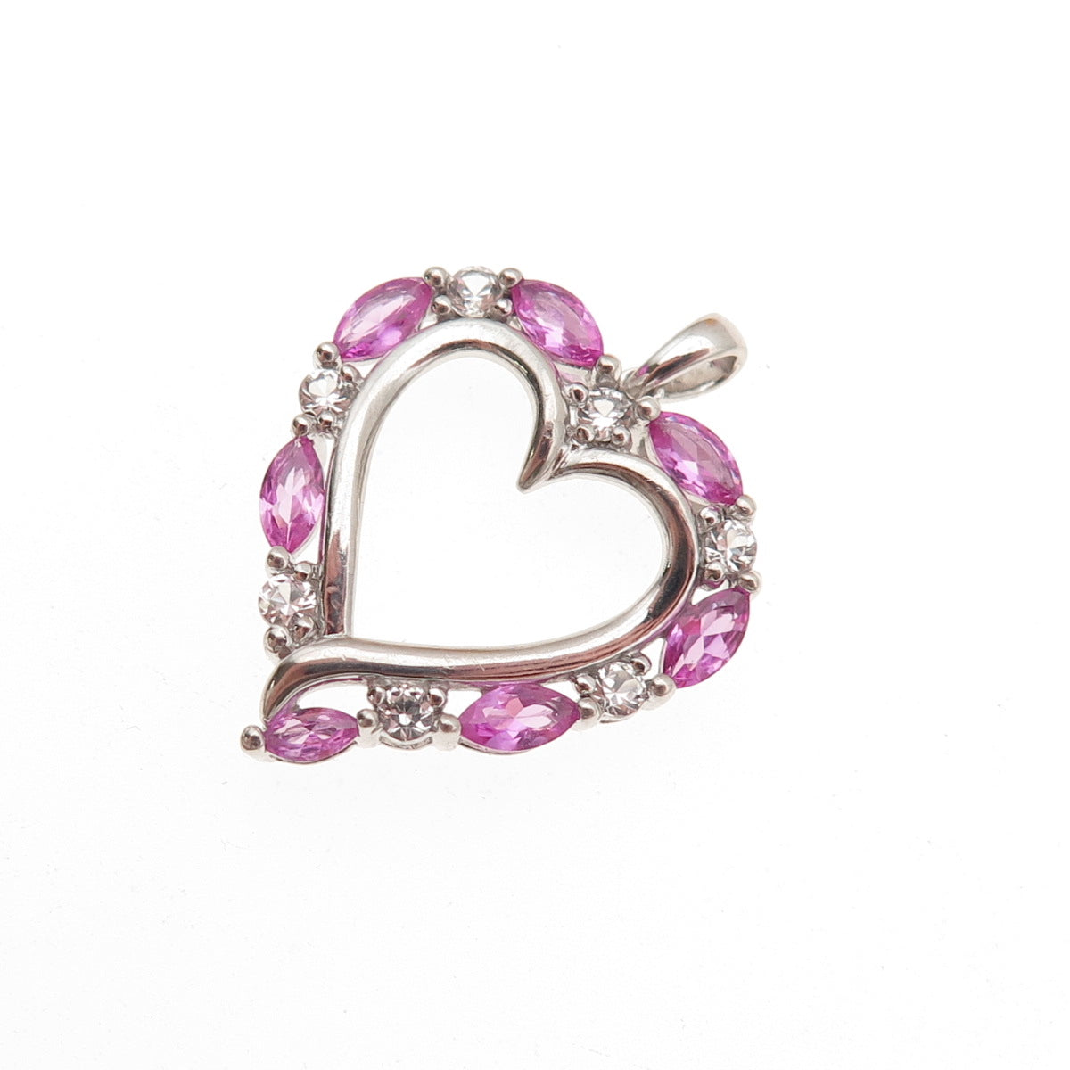 Sai 925 Sterling Silver Real Pink & White Topaz Heart Charm Pendant