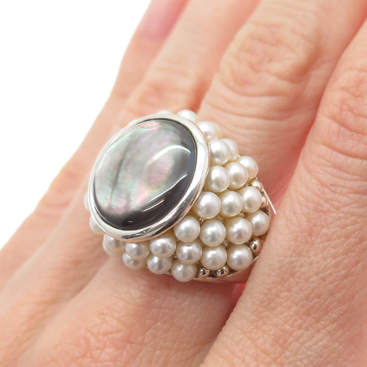 925 Sterling Silver Vintage Real Abalone Shell & Pearl Beaded Ring Size 8.5