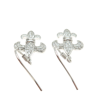 925 Sterling Silver Round-Cut C Z Fleur de Lis Dangling Earrings