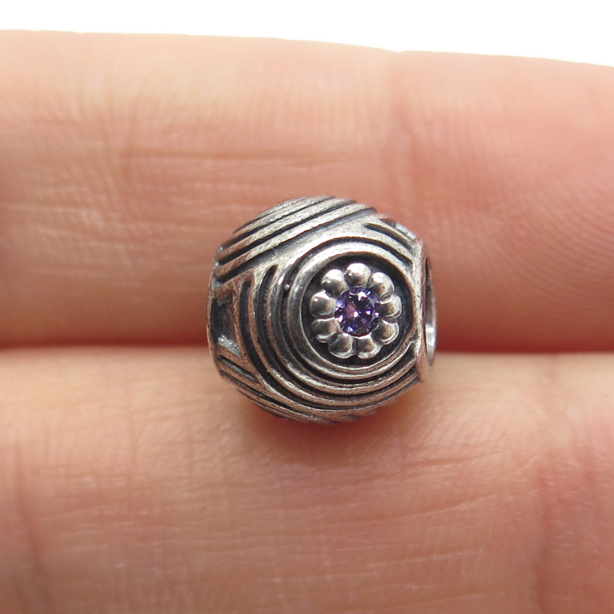 PANDORA 925 Sterling Silver Lavender C Z Hypnotic Circles Oxidized Bead Charm