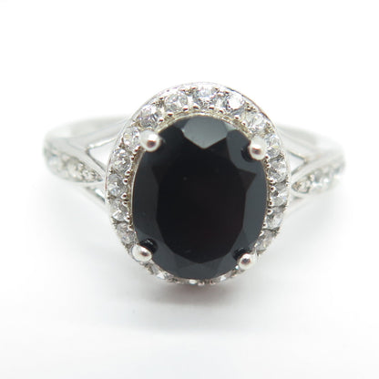 925 Sterling Silver Real Black Spinel Gemstone & C Z Ring Size 6.75