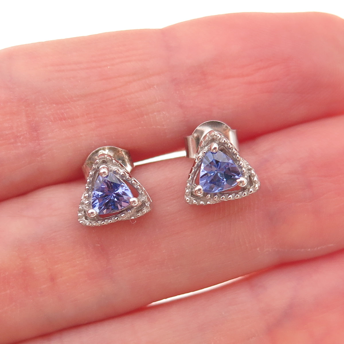 Chuck Clemency 925 Sterling Silver Real Triangle-Cut Tanzanite Stud Earrings