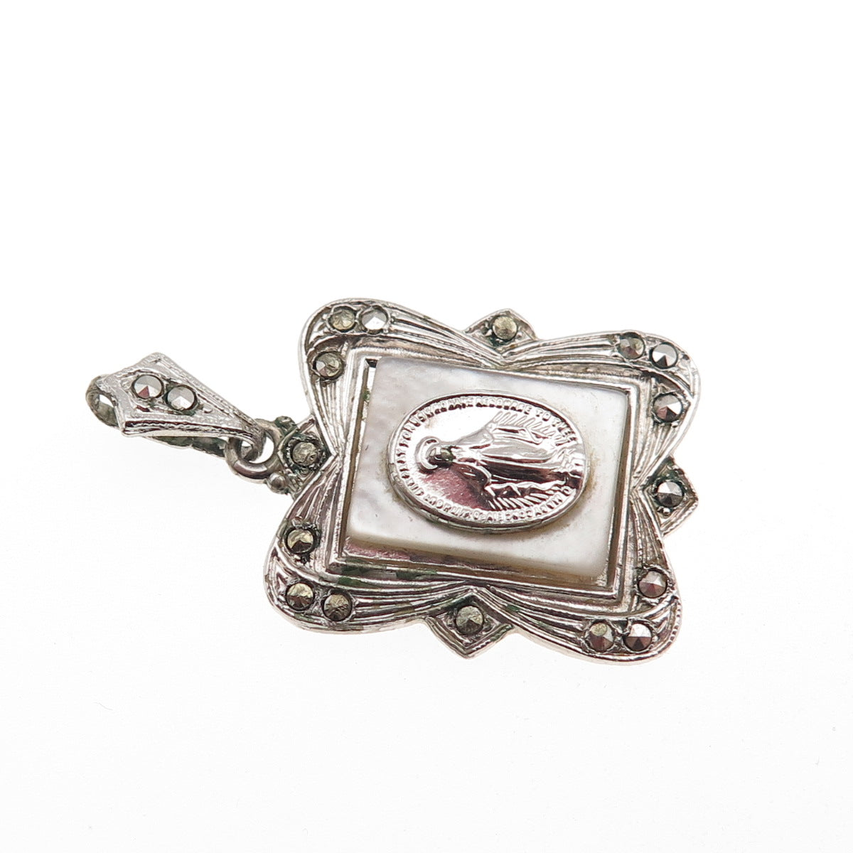 925 Sterling Silver Antique Art Deco Real MOP & Marcasite St. Mary Charm Pendant