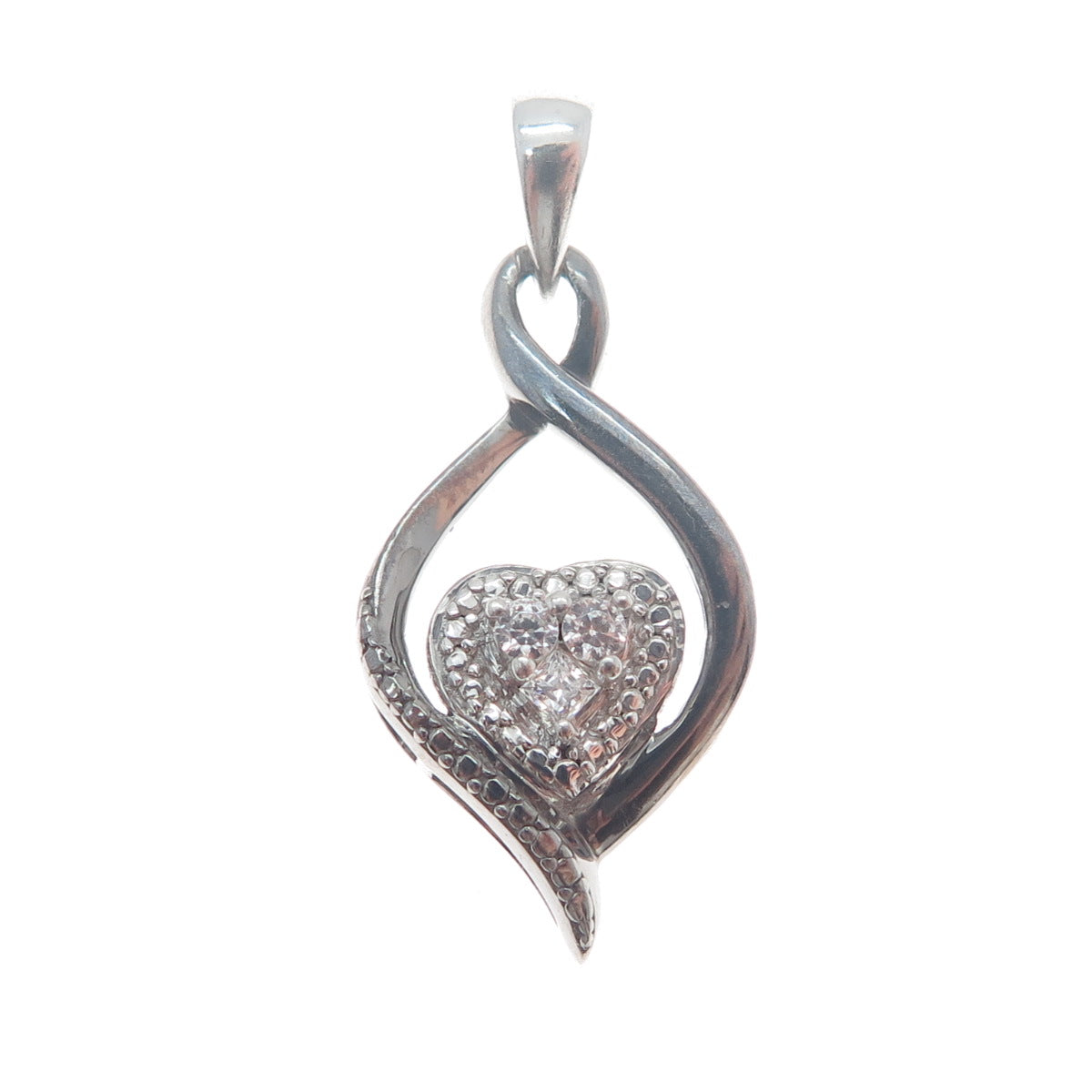 925 Sterling Silver Black Rhodium Round-Cut C Z Twisted Heart Charm Pendant