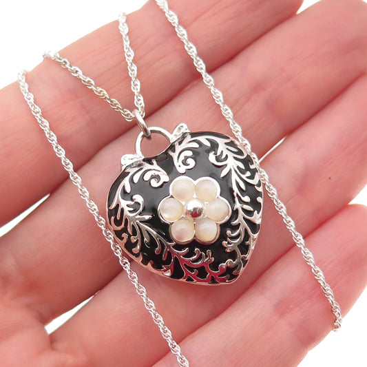 Monet 925 Sterling Vintage Enamel & MOP Heart Twisted Rope Chain Necklace 18-20"