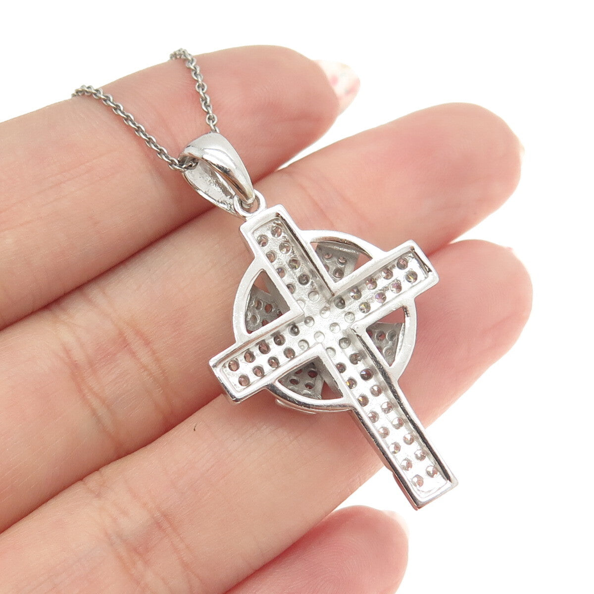 925 Sterling Silver Italy Round-Cut C Z Sparkle Cross Cable Chain Necklace 16"