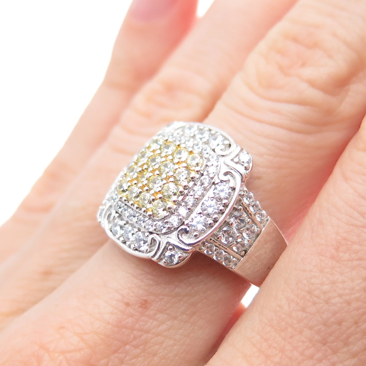 925 Sterling Silver 2-Tone Round-Cut Canary & White C Z Ring Size 7