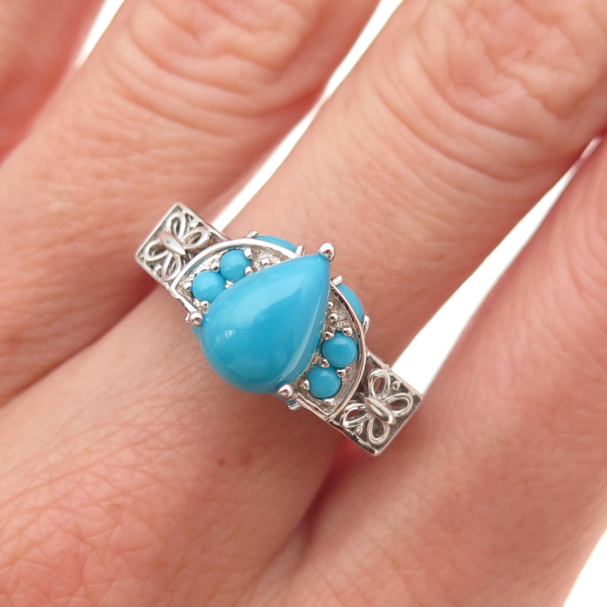 925 Sterling Silver Real Sleeping Beauty Turquoise Butterfly Ring Size 8.25