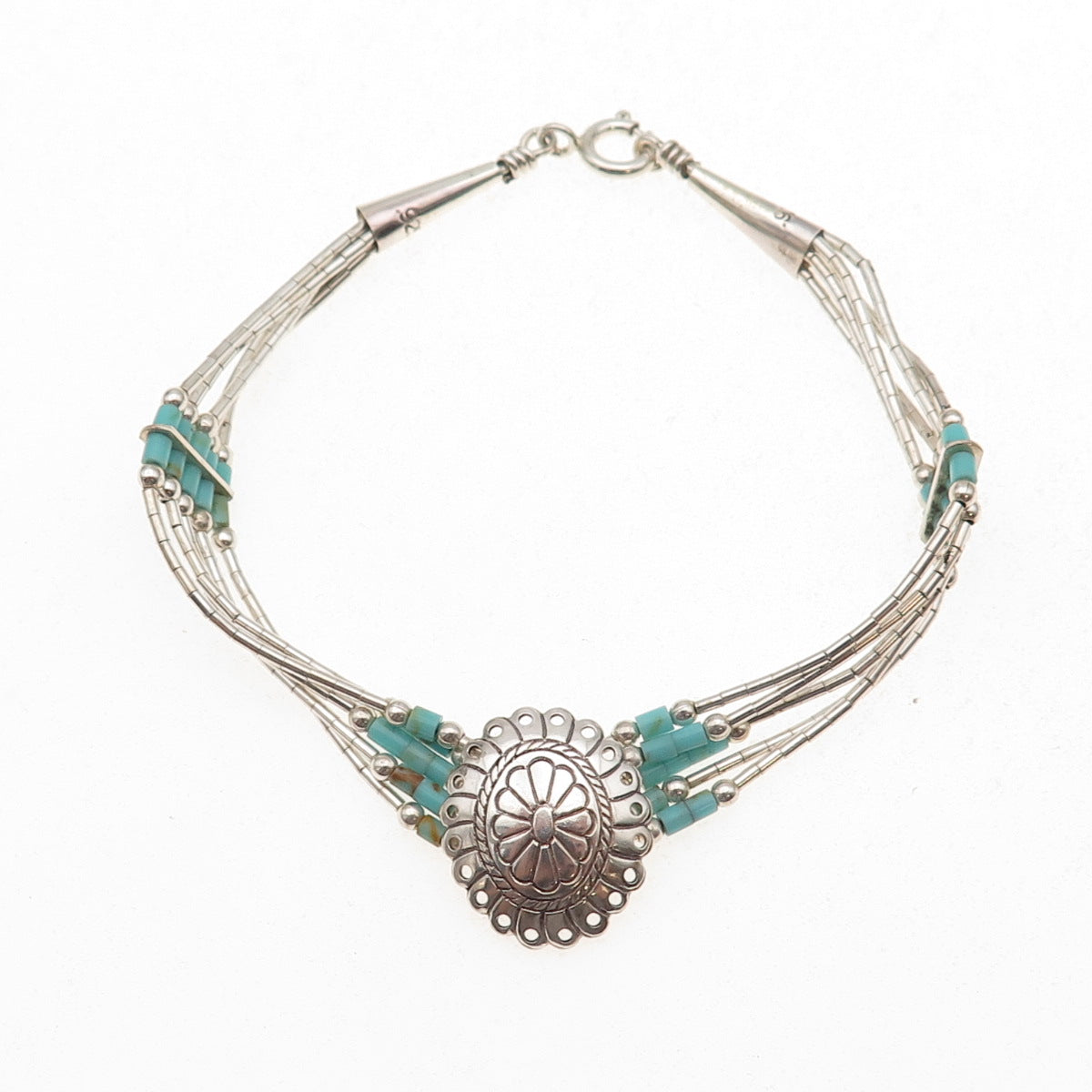 925 Sterling Vintage Southwestern Real Turquoise Concho Liquid Chain Bracelet 7"