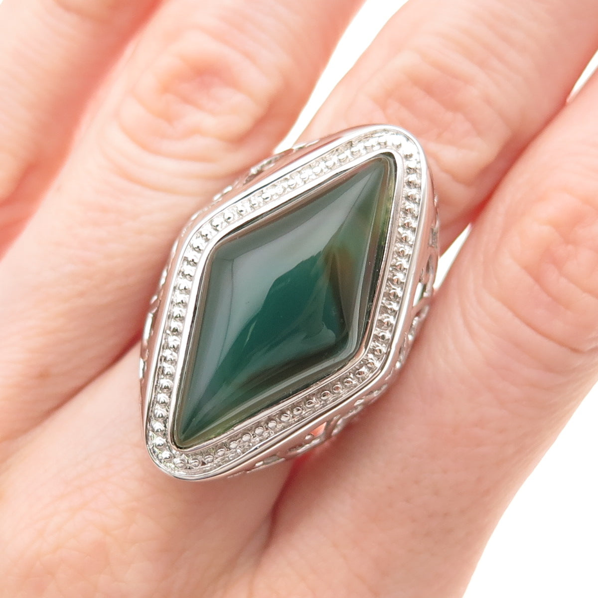 Ken Crafts 925 Sterling Silver Real Green Agate Floral Scroll Ring Size 7.5
