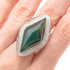 Ken Crafts 925 Sterling Silver Real Green Agate Floral Scroll Ring Size 7.5