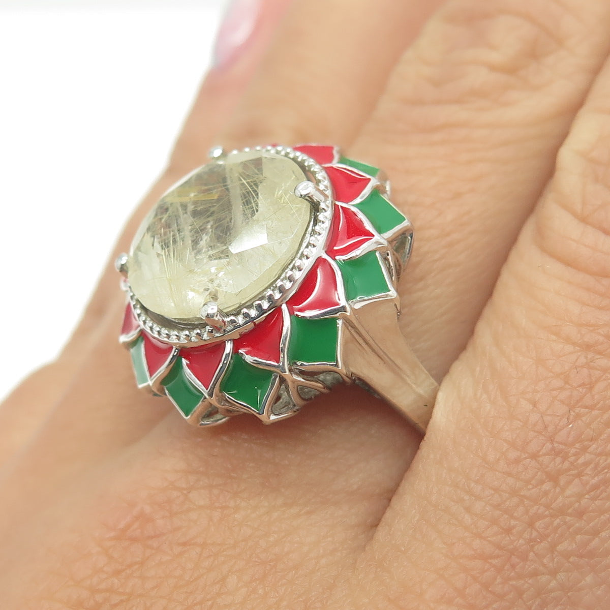 CHUCK CLEMENCY 925 Sterling Silver Real Rutilated Quartz Enamel Ring Size 11.25