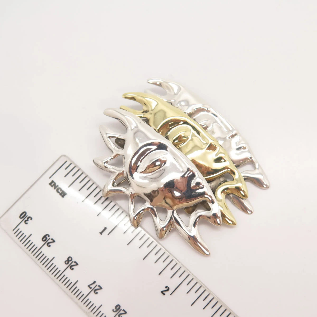 925 Sterling Silver 2-Tone Vintage Mexico Triple Sun Face Pin Brooch