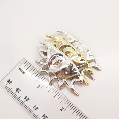 925 Sterling Silver 2-Tone Vintage Mexico Triple Sun Face Pin Brooch