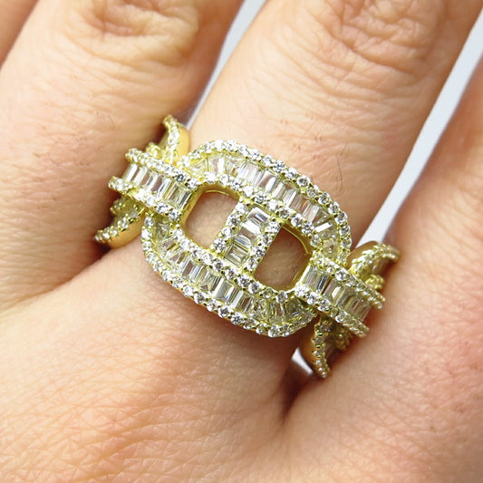 925 Sterling Silver Gold Plated Pave C Z Chain Band Ring Size 10.25