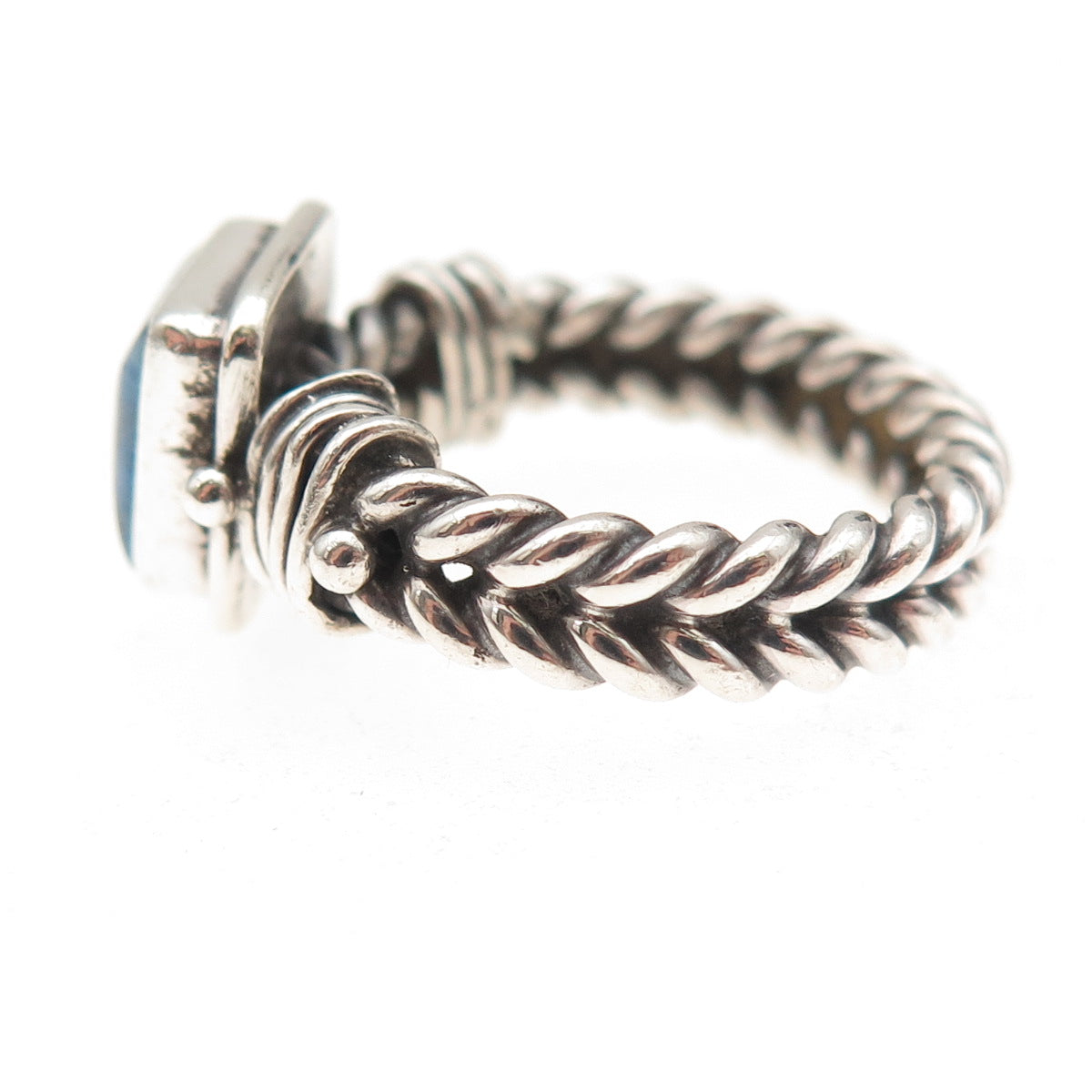 925 Sterling Silver Vintage Real Lapis Modernist Woven Oxidized Ring Size 5