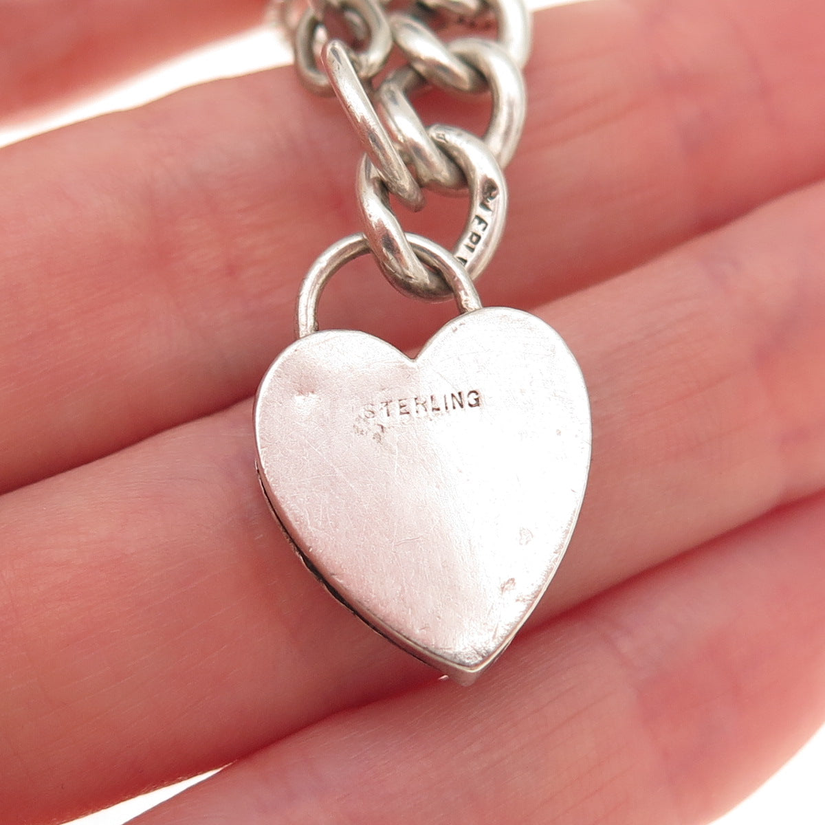 925 Sterling Silver Antique Art Deco Heart Padlock Curb Link Bracelet 7.75"