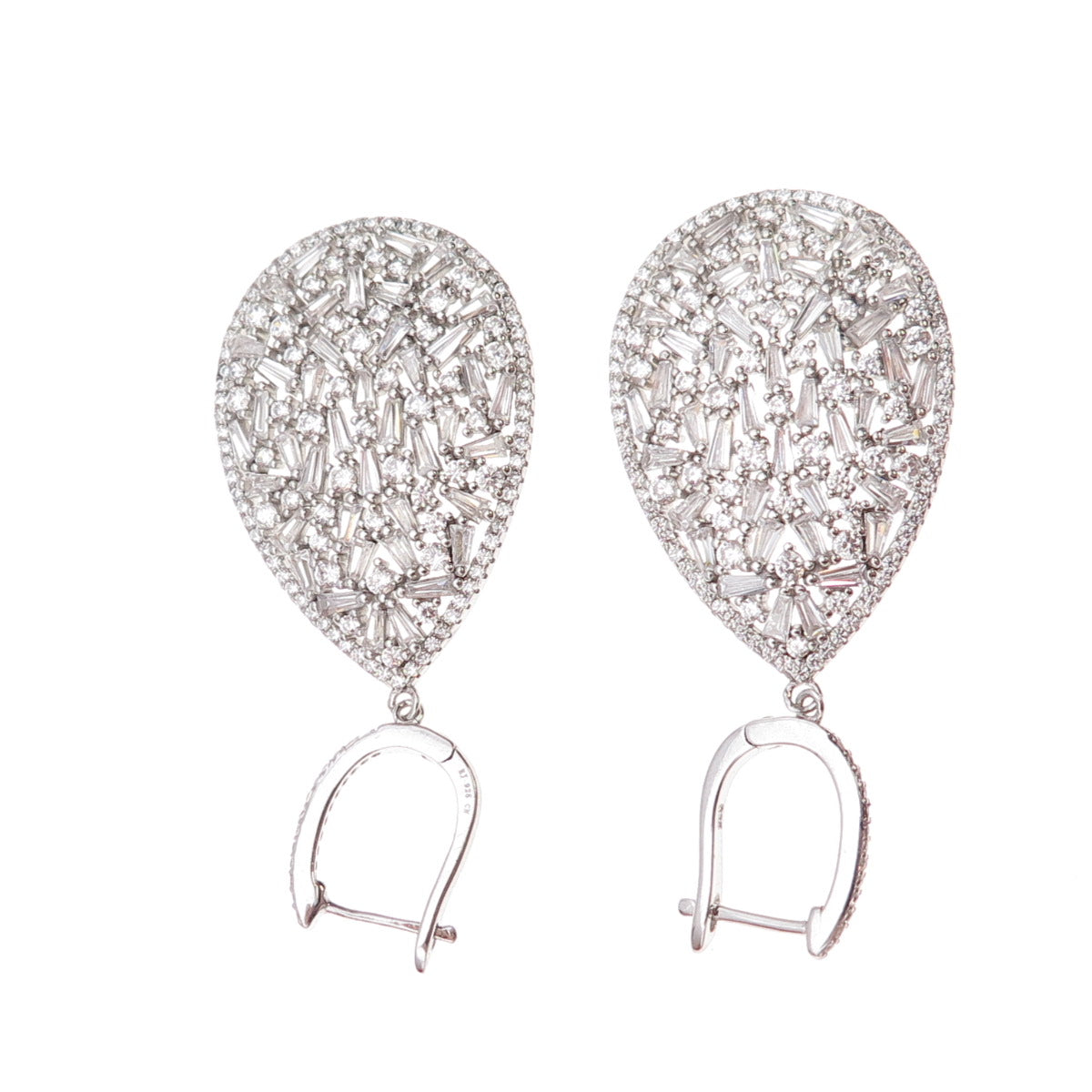 925 Sterling Silver Multi-Cut C Z Cluster Teardrop Dangle Earrings