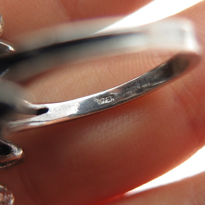 925 Sterling Silver Vintage Modernist Flower Oxidized Ring Size 6