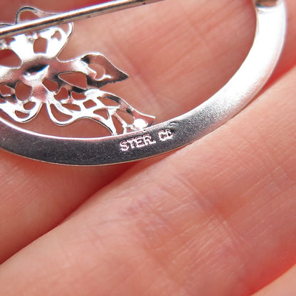 925 Sterling Silver Vintage Flower & Bow Oval Pin Brooch