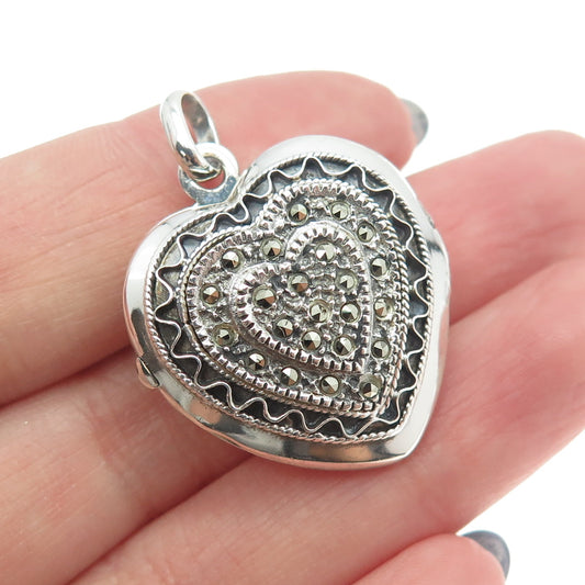 925 Sterling Silver Vintage Real Marcasite Gemstone Heart Locket Pendant