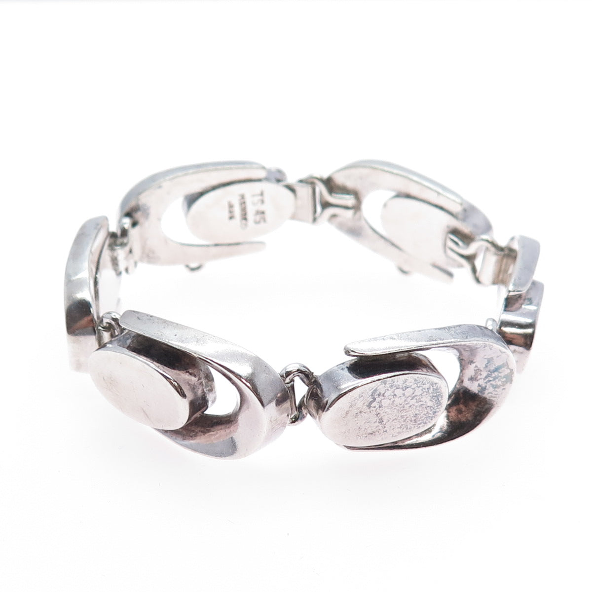 925 Sterling Silver Vintage Mexico Heavy 58.5g Modernist Oxidized Bracelet 6.75"