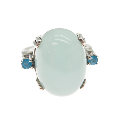 925 Sterling Silver Vintage Real Milky Aquamarine & Apatite Ring Size 7.5