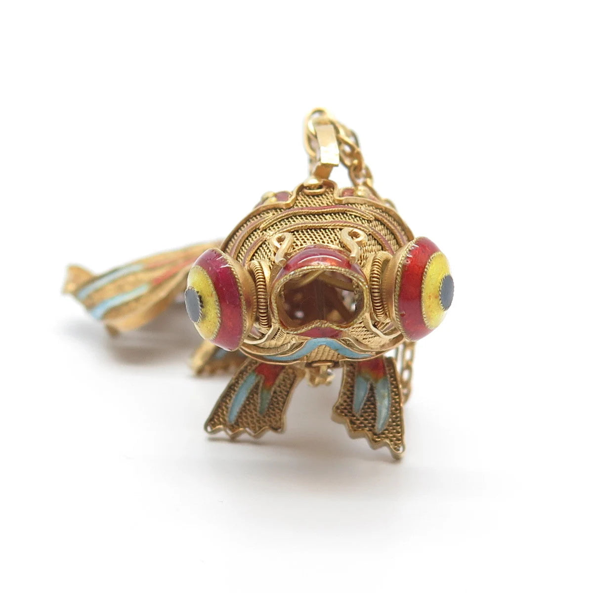 925 Sterling Silver Gold Plated Antique Enamel Chinese Koi Fish Chatelaine Fob