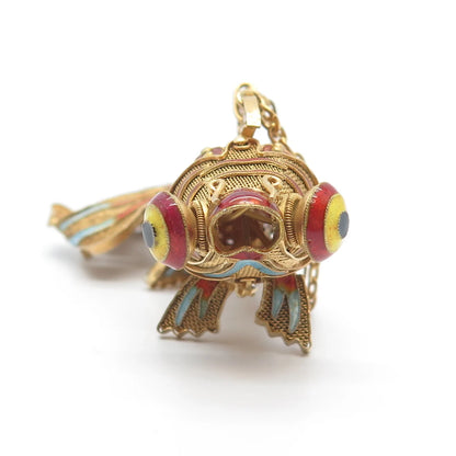 925 Sterling Silver Gold Plated Antique Enamel Chinese Koi Fish Chatelaine Fob