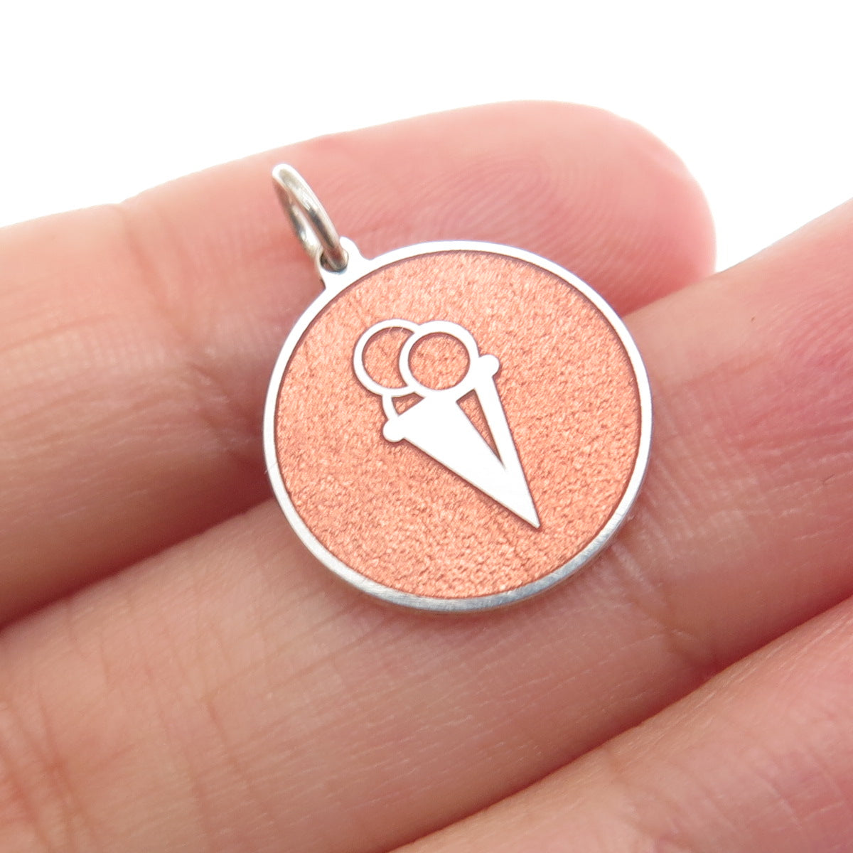 925 Sterling Silver Peach Enamel Ice Cream Round Tag Minimalist Charm Pendant