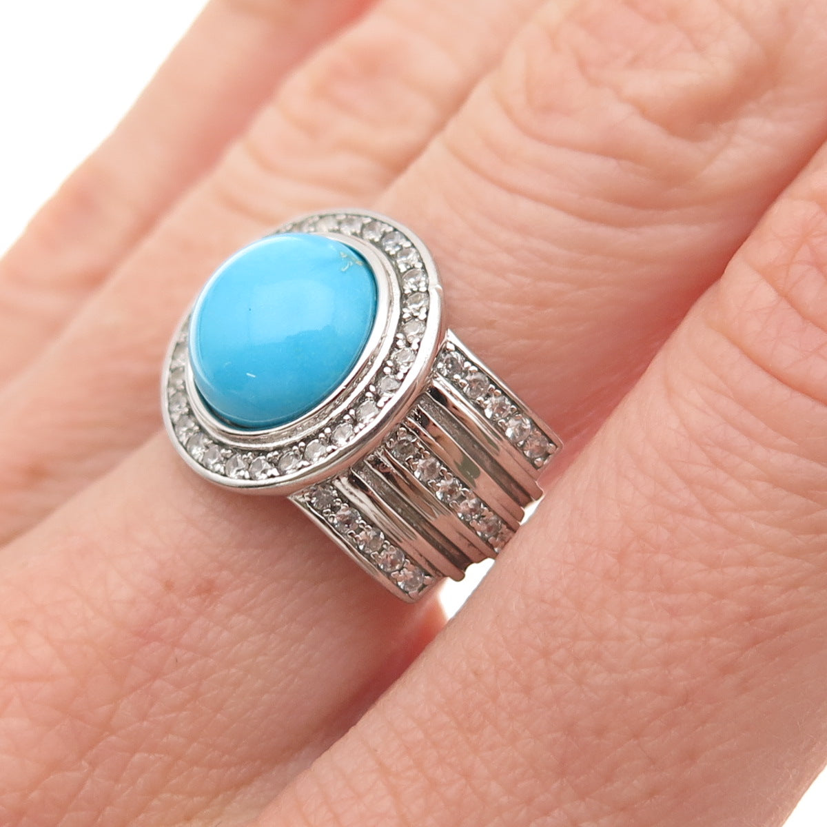 925 Sterling Silver Real Sleeping Beauty Turquoise & White Topaz Ring Size 8