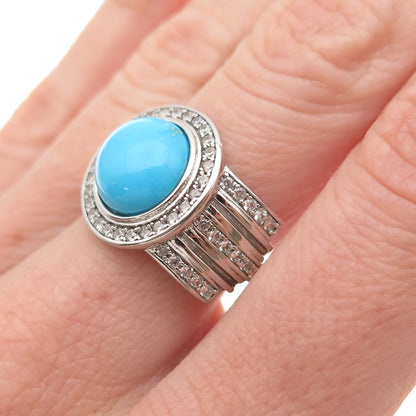 925 Sterling Silver Real Sleeping Beauty Turquoise & White Topaz Ring Size 8