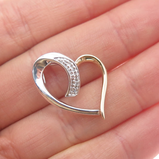 14K Gold 925 Sterling Silver Real Round-Cut Diamond Heart Mini Slide Pendant