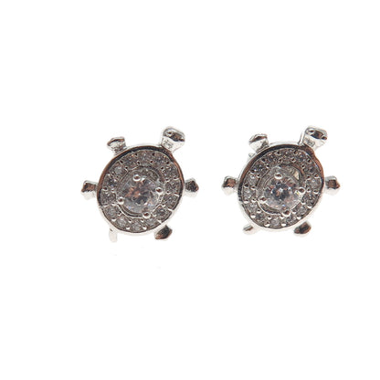 925 Sterling Silver Round-Cut C Z Turtle Stud Earrings