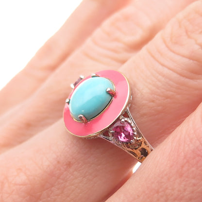 Chuck Clemency 925 Sterling 2-Tone Enamel Real Turquoise Tourmaline Ring Size 8