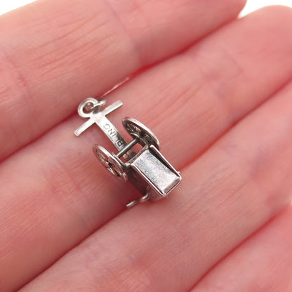 925 Sterling Silver Antique Art Deco Wheel Cart 3D Mini Charm Pendant