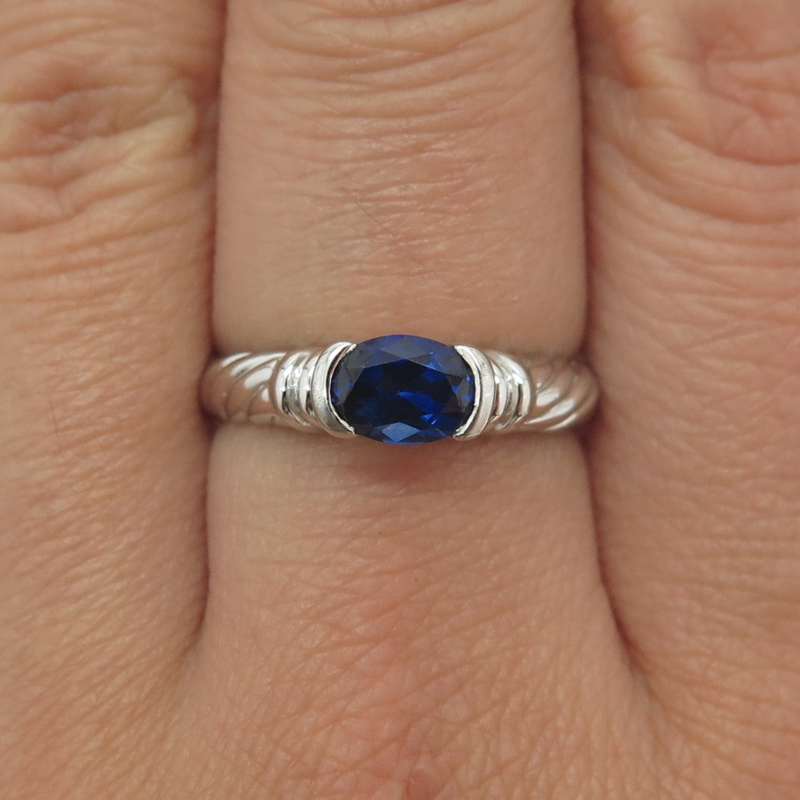 925 Sterling Silver Lab-Created Sapphire Ribbed Ring Size 8