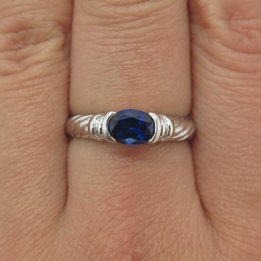 925 Sterling Silver Lab-Created Sapphire Ribbed Ring Size 8