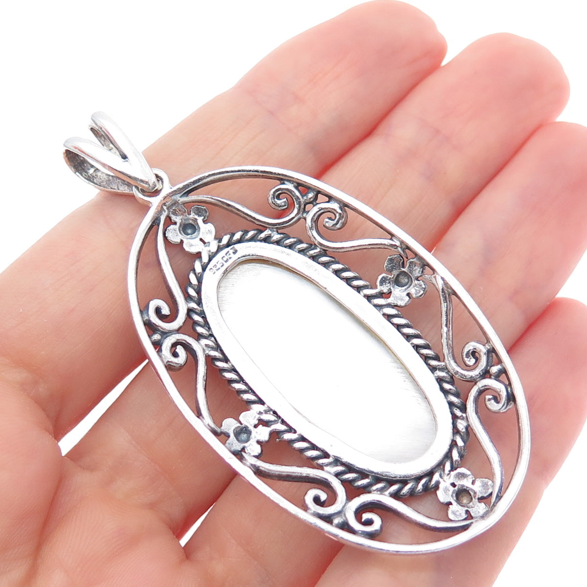 CFJ Collins Fine 925 Sterling Silver Vintage Real MOP Flower Oxidized Pendant