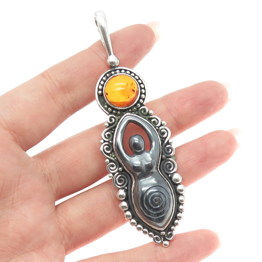 SAJEN 925 Sterling Silver Vintage Amber Hematite Fertility Moon Goddess Pendant