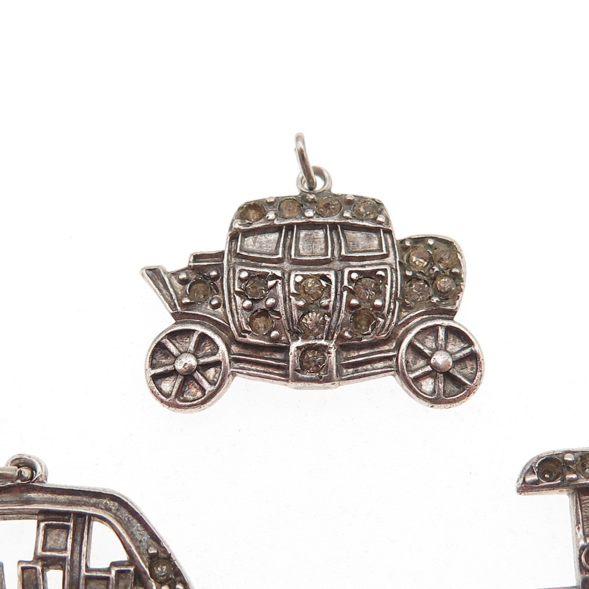 925 Sterling Antique Rhinestone Carriage Ship Train Pendants (missing 12 stones)