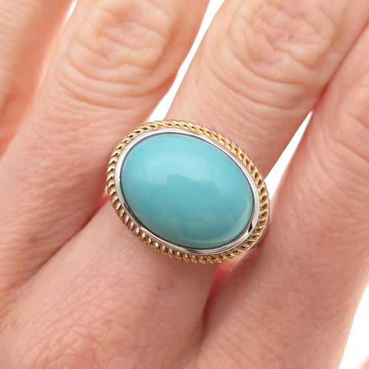 925 Sterling Silver 2-Tone Real Tyrone Turquoise Ring Size 8