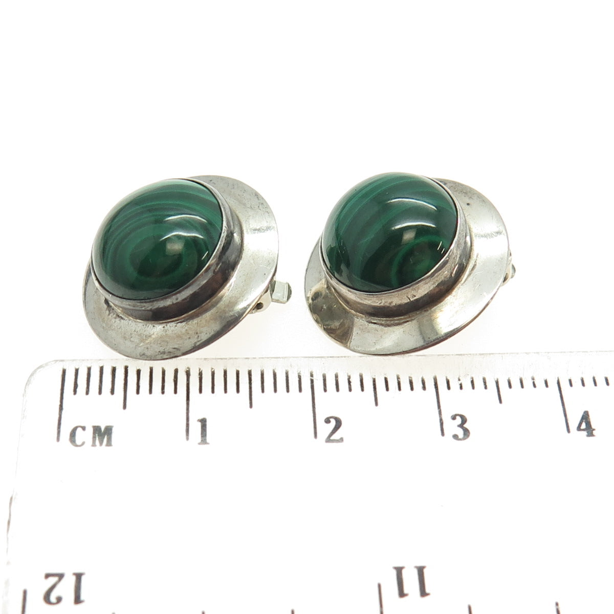 925 Sterling Silver Vintage Real Malachite Gemstone Clip On Earrings