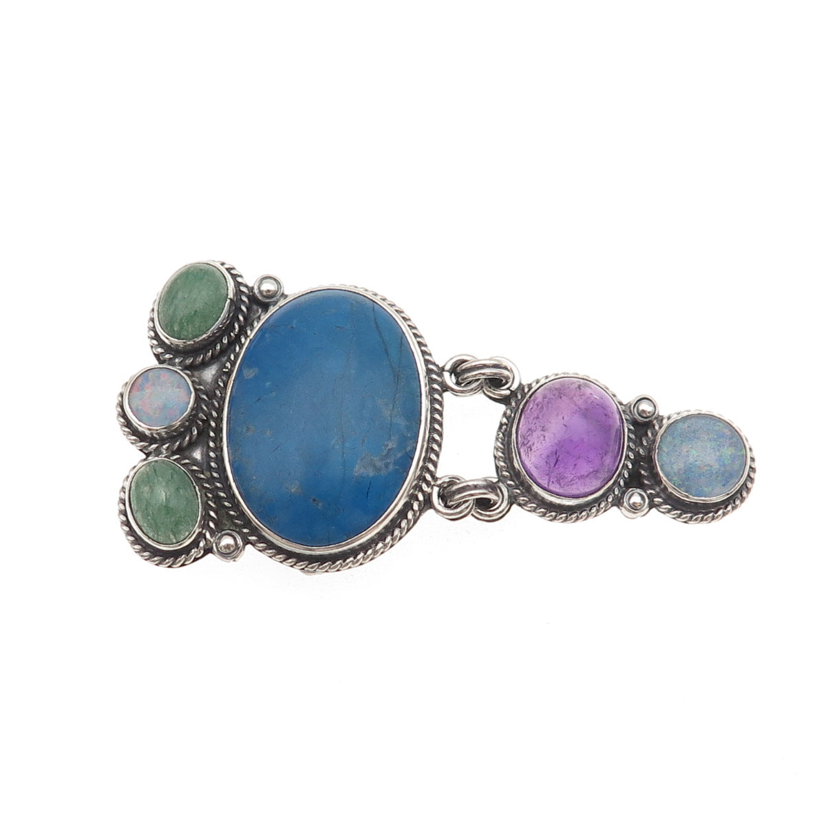 925 Sterling Silver Vintage Mexico Real Lapis Opal Amethyst & Jade Pin Pendant