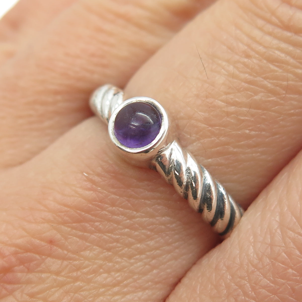 925 Sterling Silver Vintage Real Amethyst Gemstone Twisted Ring Size 8.5