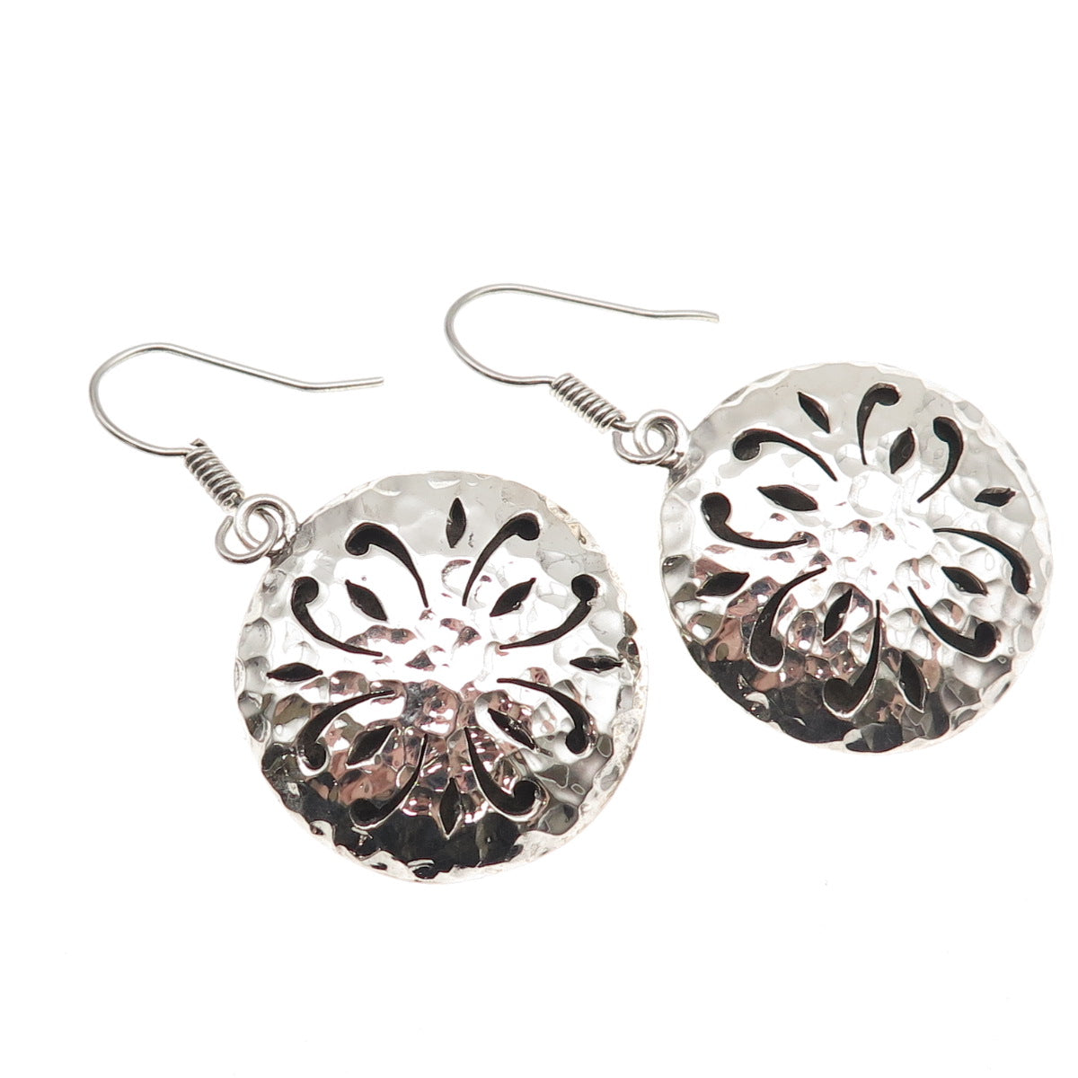 925 Sterling Silver Vintage Modernist Floral Hammered Dangle Earrings