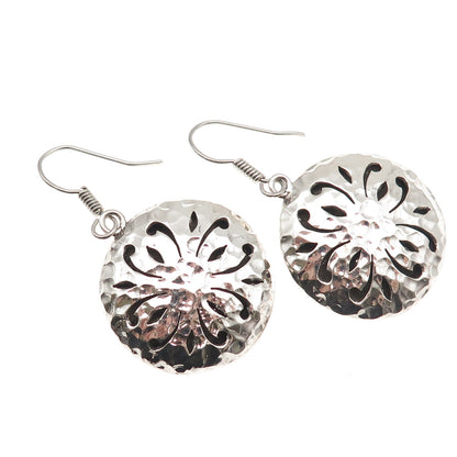 925 Sterling Silver Vintage Modernist Floral Hammered Dangle Earrings