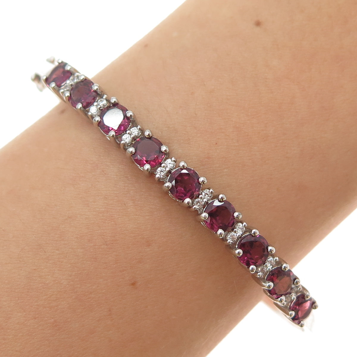 925 Sterling Silver Real Tourmaline & White Topaz Tennis Link Bangle Bracelet 7"