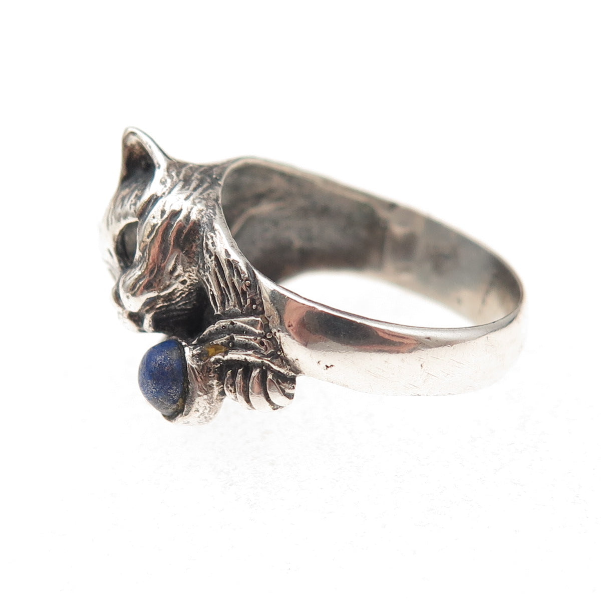 925 Sterling Silver Vintage Real Lapis Cat Oxidized Ring Size 7